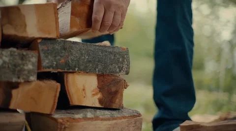 Stacking wood logs at the autumn. Preparing for winter. Stock Footage 68735700