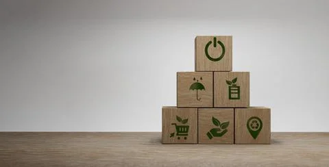 Stacking wooden cube with eco and environment sustainable symbols Circular ec Stock Illustration