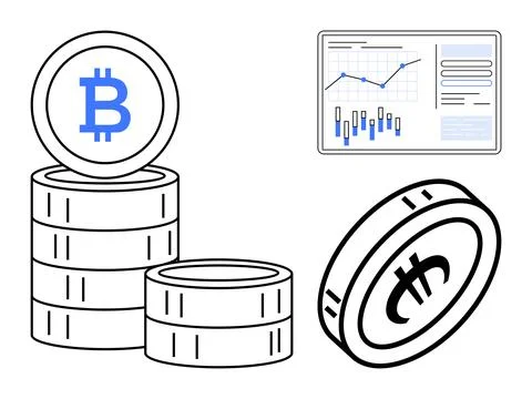 Stacks of Bitcoin and smart contract coins next to a data chart illustrating  Stock Illustration