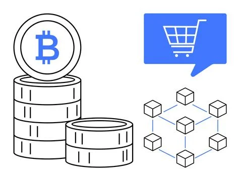 Stacks of Bitcoin coins, interconnected blockchain cubes, and blue online sho イラスト素材