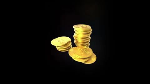 Stacks of bitcoins falling on a black backdrop animation in 4k Stock Footage 292765204