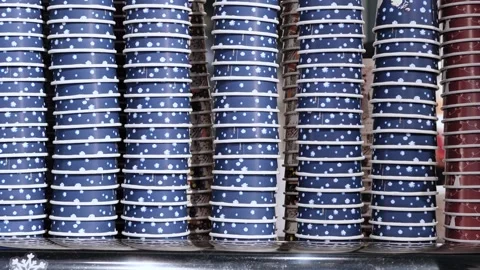 Stacks of blue paper cups with white snowflake patterns ready for winter Stock Footage 335889717