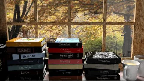 Stacks of books set on window with two coffee cups and autumn view with trees Illustrazione stock