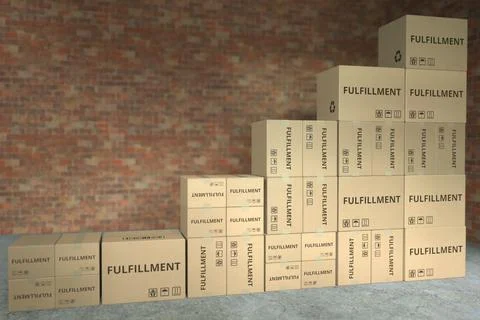 Stacks of boxes with FULFILLMENT text make up a rising chart, business success イラスト素材