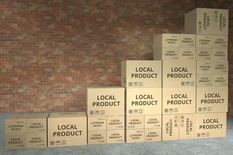 Stacks of boxes with LOCAL PRODUCT text make up a rising chart, business success 库存插图