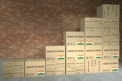 Stacks of boxes with MADE IN INDIA text make up a rising chart, business success Stockillustratie