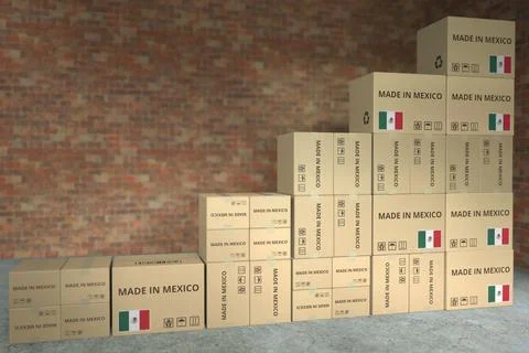 Stacks of boxes with MADE IN MEXICO text make up a rising chart, business 库存插图