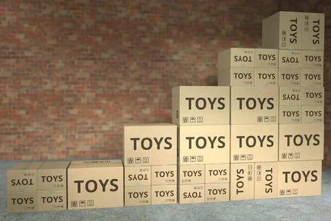 Stacks of boxes with TOYS text make up a rising chart, business success related 库存插图