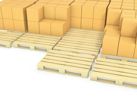 Stacks of cardboard boxes on a pallets isolated on white background Stacks... Foto stock