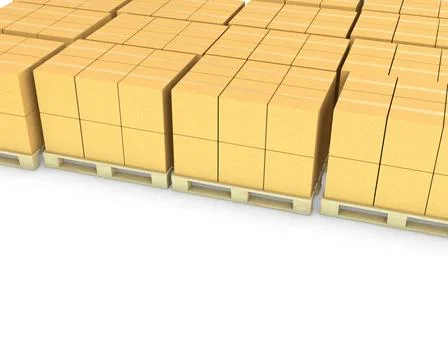 Stacks of cardboard boxes on a pallets isolated on white background Stacks... Stock Photos
