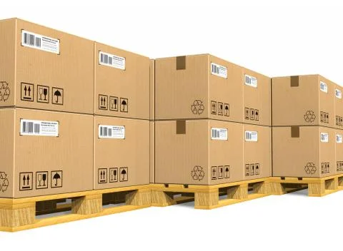 Stacks of cardboard boxes on shipping pallets Illustrazione stock