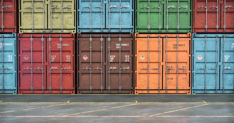 Stacks of cargo containers, moving along line of containers, seamless loop Stock Footage 113979619