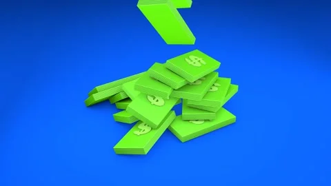 Stacks of cartoon dollars falling in a heap on a blue screen. Stock Footage 307421216