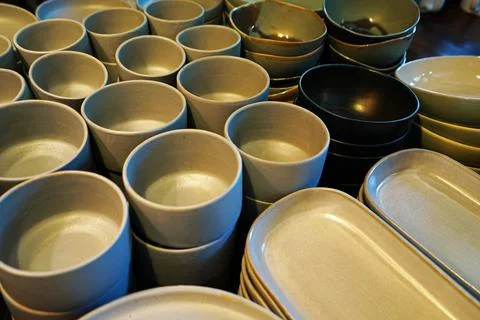 Stacks of ceramic porcelain container Stock Photos