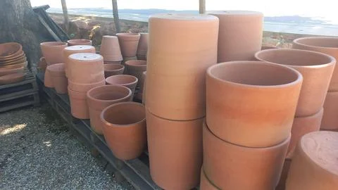 Stacks of Clay Pots on Display Stock Photos