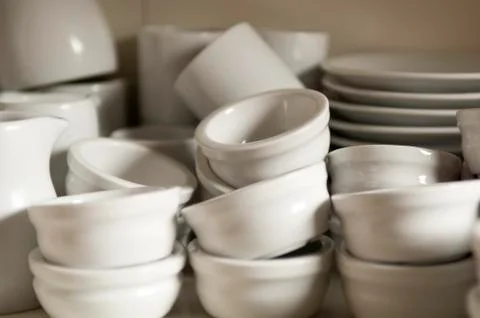 Stacks of Clean and Empty Dipping Bowls or Ramekin Stock Photos