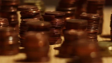 Stacks of coins 4K Stock Footage 150177786