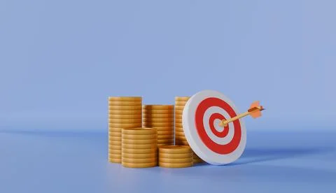 Stacks of Coins and Target with Arrow Isolated, Render Dartboard with Arrow Stock Illustration