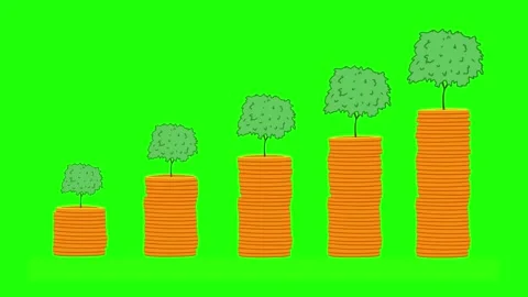 Stacks of coins arranged in a bar graph. 2D animation (Chroma key). Stock Footage 302040256