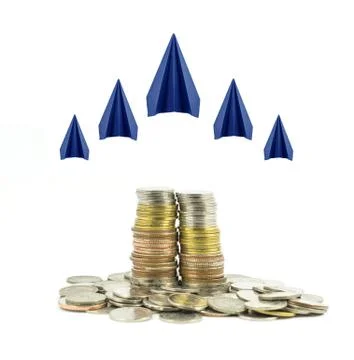 Stacks of coins step thai baht with origami five planes on white background Stock Illustration