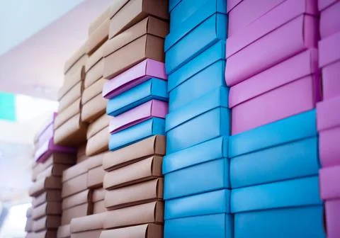 Stacks of colour cardboard boxes in the gift shop 写真素材