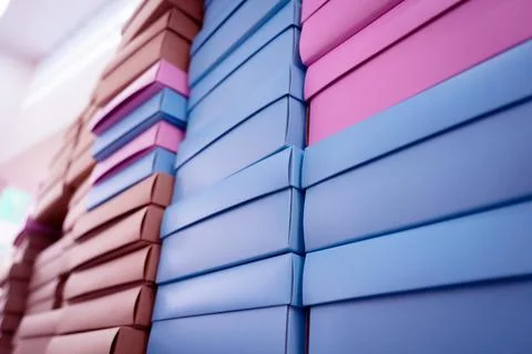 Stacks of colour cardboard boxes in the gift shop Stockfoto's