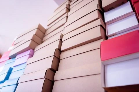 Stacks of colour cardboard boxes in the gift shop 写真素材