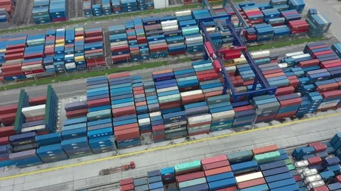 Stacks of containers on the container terminal, the top view. Stock Footage 206615666
