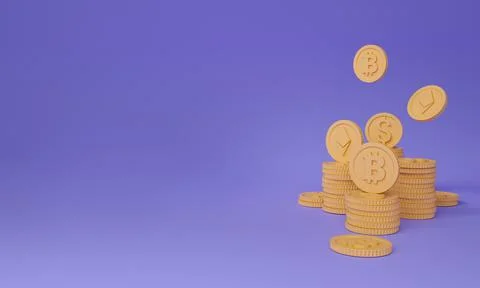 Stacks of cryptocurrency bitcoins on a purple background. 3d render illustration Stock Illustration