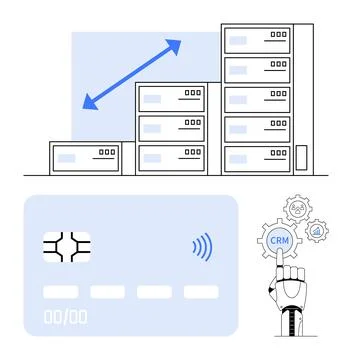 Stacks of datacenters, upward arrow symbolizing growth, contactless card, han 스톡 일러스트