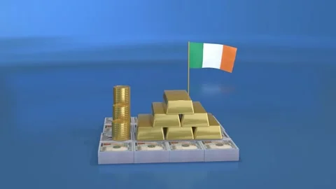 Stacks of dollar banknotes and gold bars with Ireland flag on reflective floo Stock Footage 328664146