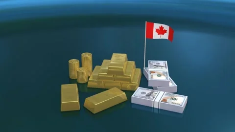Stacks of dollar banknotes and pure gold bars with Canada flag on reflectiv.. Stock Footage 328664181