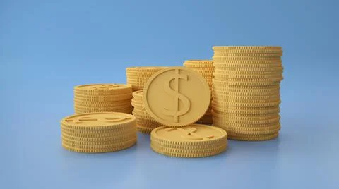 Stacks of dollar coins on blue background. Finance , savings,investment 3d Stock Illustration