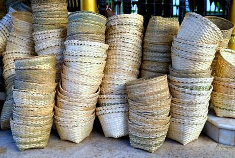 Stacks of empty handmade bamboo weaved baskets Stock Photos