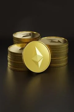 Stacks of Ether coins on black background. 3d illustration. Illustrazione stock