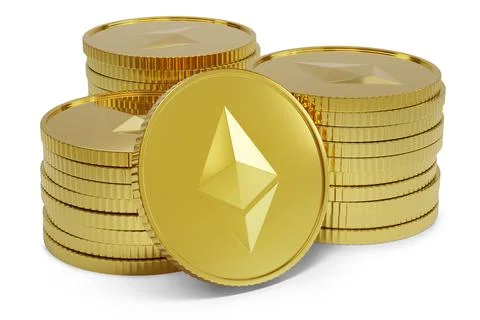 Stacks of Ether coins isolated on white background. 3d illustration. 스톡 일러스트