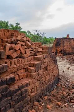 Stacks of fire bricks produced in traditional way in Central Nigeria, Africa Stock Photos