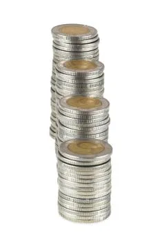 Stacks of five zlotych coins Stock Photos