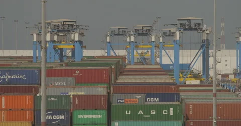 Stacks Of Freight Containers At The Dock (4K) Stock Footage 63086394