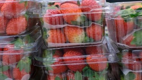 Stacks of fresh strawberries in boxes close up in supermarket. Stock Footage 322219711