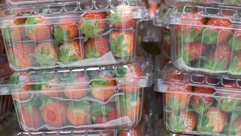 Stacks of fresh strawberries in plastic boxes close up in supermarket. Stock Footage 270906808