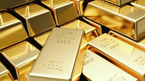 Stacks of gold bars close-up in 3D animation Stock Footage 337179220