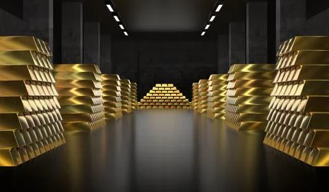 Stacks of Gold Bars inside Bank Vault - 3d illustration 库存插图