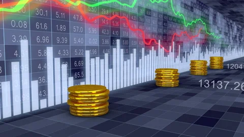 Stacks of gold coins and moving charts Stock Footage 201344369