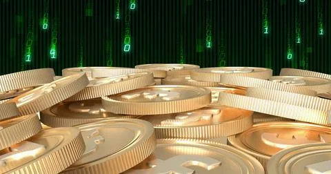 Stacks of gold coins with binary code image in background 스톡 사진