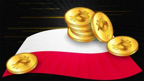 Stacks of gold coins of Bitcoin BTC on colored flag of Poland on dark Stock Illustration