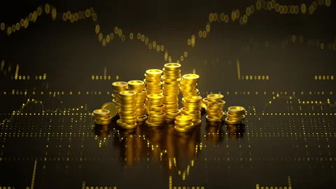 Stacks of Gold Coins with Financial Data 3D render animation Stock Footage 321310267