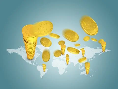 Stacks of gold dollars on world map 스톡 일러스트