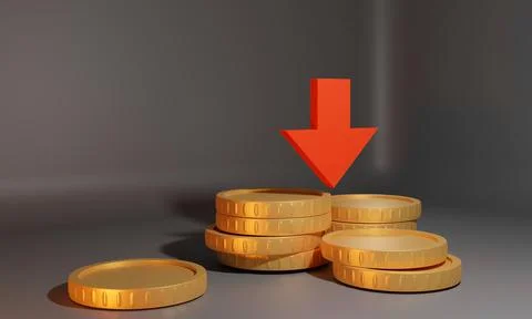 Stacks of golden coins with a downward red arrow. Illustrazione stock