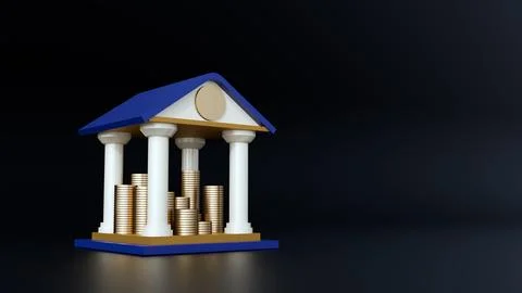 Stacks of golden coins inside of a classical building with a blue roof. Ilustración de archivo